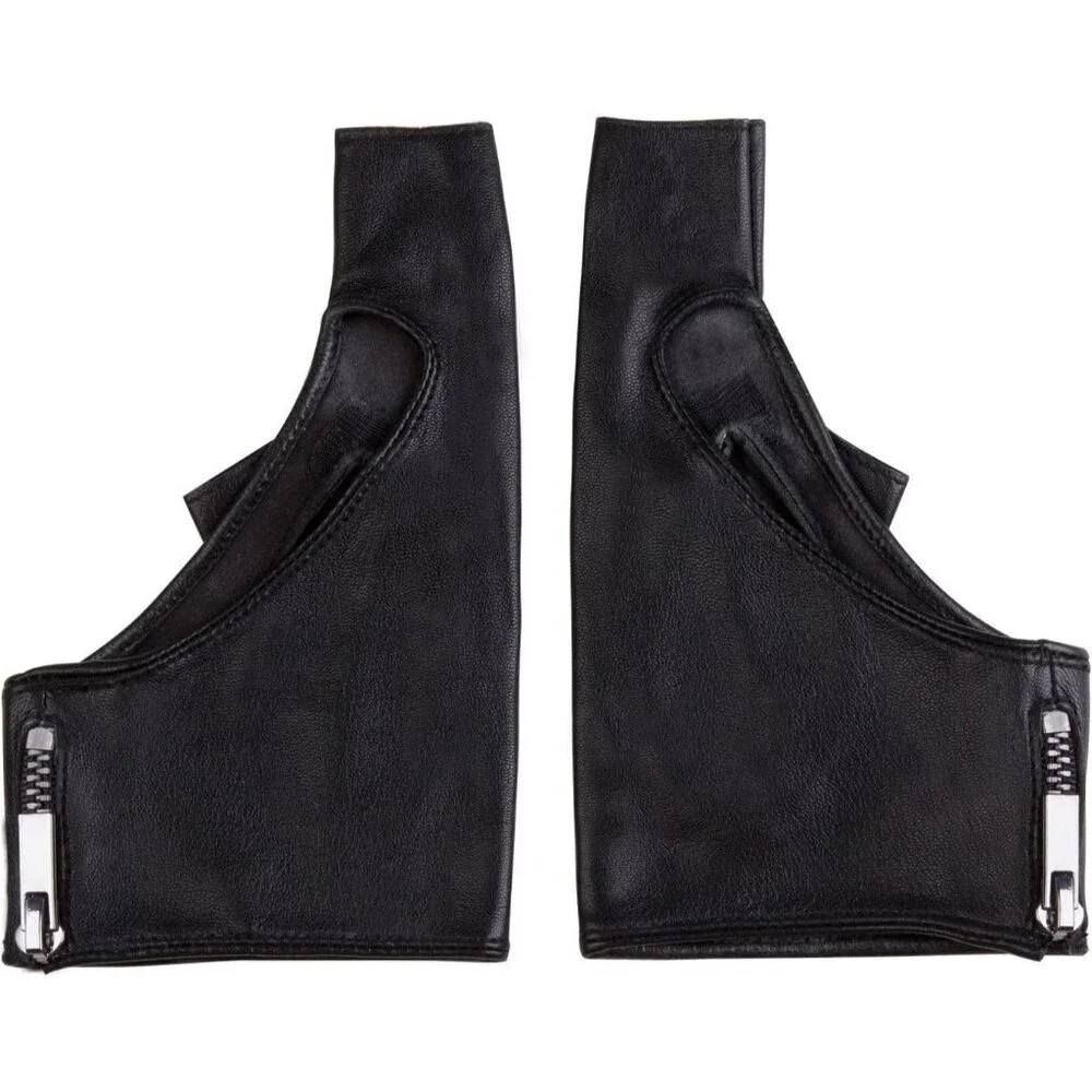 Women's Black Fingerless Leather Driving Half Finger Gloves Halloween Design